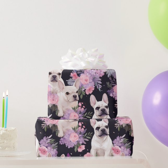 Niedliches Schwarzes Französisches Bulldog-Blumenp Geschenkpapier (Partygeschenke)
