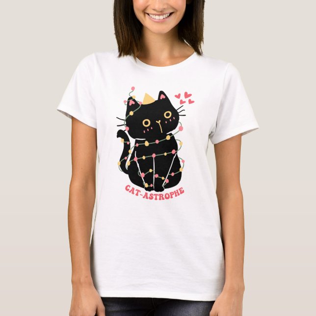 Niedliches schwarzes Kätzchen in Katzenkatastrophe T-Shirt (Vorderseite)
