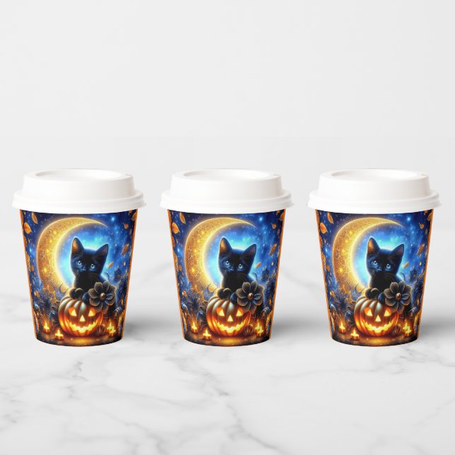 Niedliches schwarzes Kätzchen, Jack-o-Laterne und  Pappbecher (Multi)