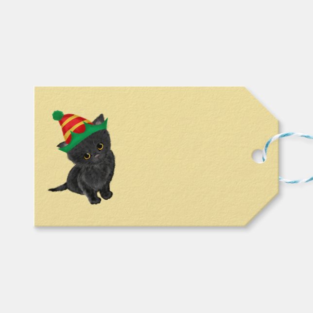Niedliches schwarzes Kätzchen Weihnachtsgeschenk Geschenkanhänger (Vorderseite (Horizontal))