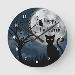 Niedliches Schwarzes Katzenmoon Grafisches Hallowe Runde Wanduhr