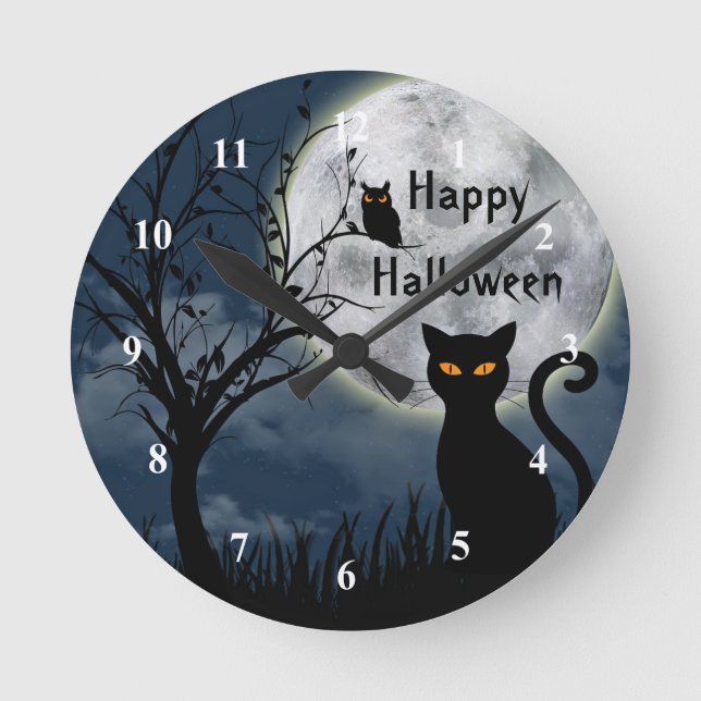 Niedliches Schwarzes Katzenmoon Grafisches Hallowe Runde Wanduhr (Vorderseite)