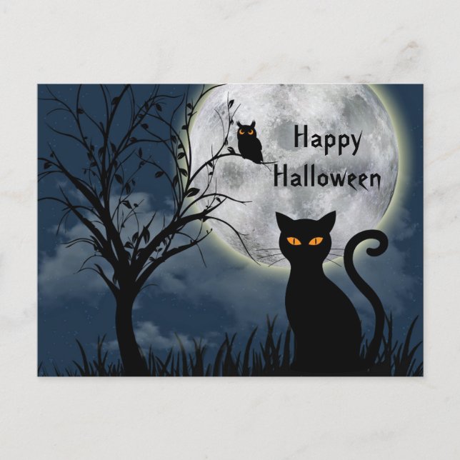 Niedliches Schwarzes Katzenmoon Graphisches Hallow Postkarte (Vorderseite)