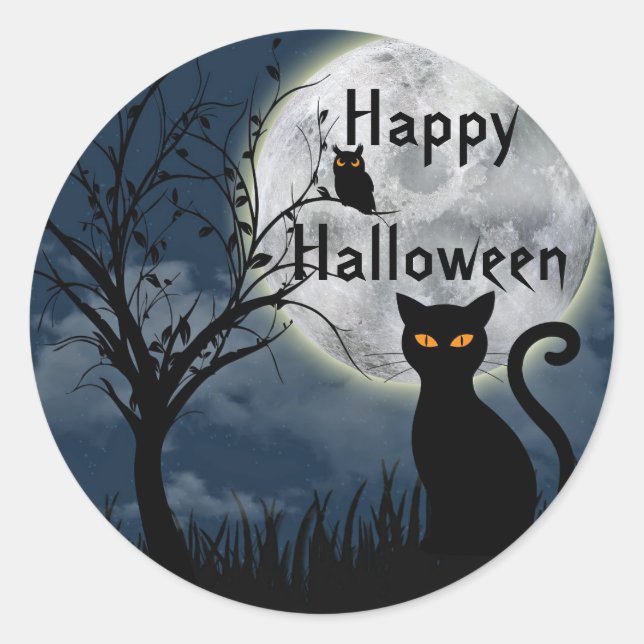 Niedliches Schwarzes Katzenmoon Graphisches Hallow Runder Aufkleber (Vorderseite)