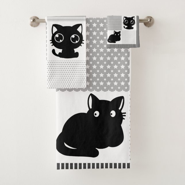 Niedliches schwarzes Katzenmuster Badhandtuch Set (Insitu)