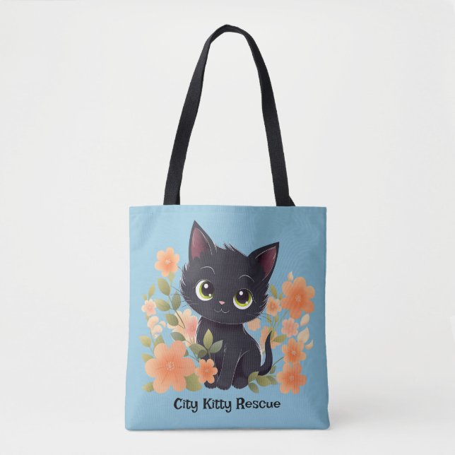 Niedliches Schwarzes Kitten mit Blume Tasche (Vorderseite)
