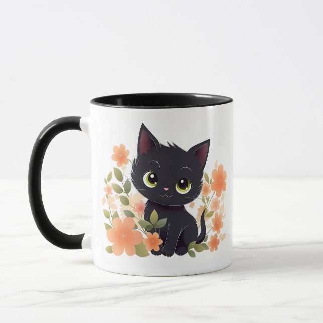Niedliches Schwarzes Kitten mit Blume Tasse (Links)