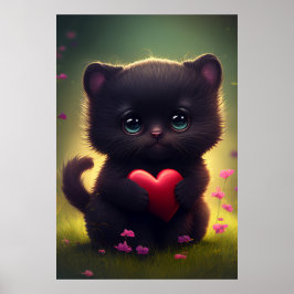 Niedliches Schwarzes Kitten mit Herz und Blume Poster