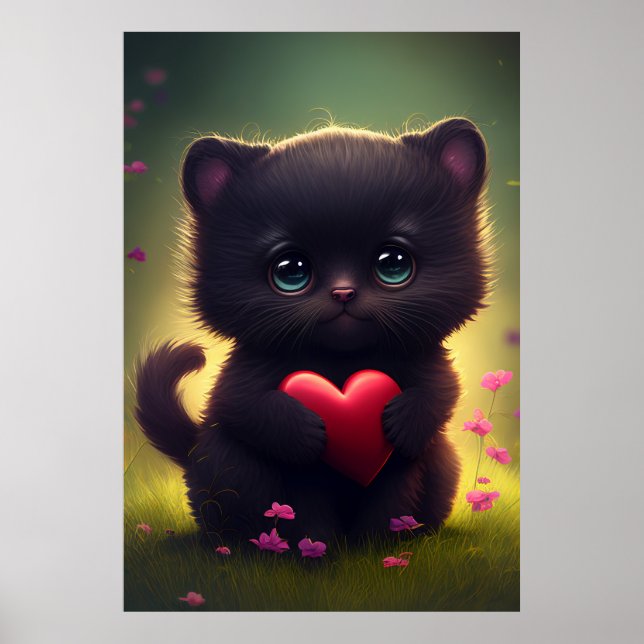 Niedliches Schwarzes Kitten mit Herz und Blume Poster (Vorne)
