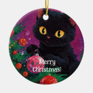 Niedliches Schwarzes Kitten und Weihnachtsbaum Keramik Ornament