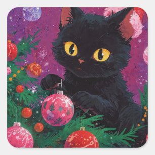 Niedliches Schwarzes Kitten und Weihnachtsbaum Quadratischer Aufkleber