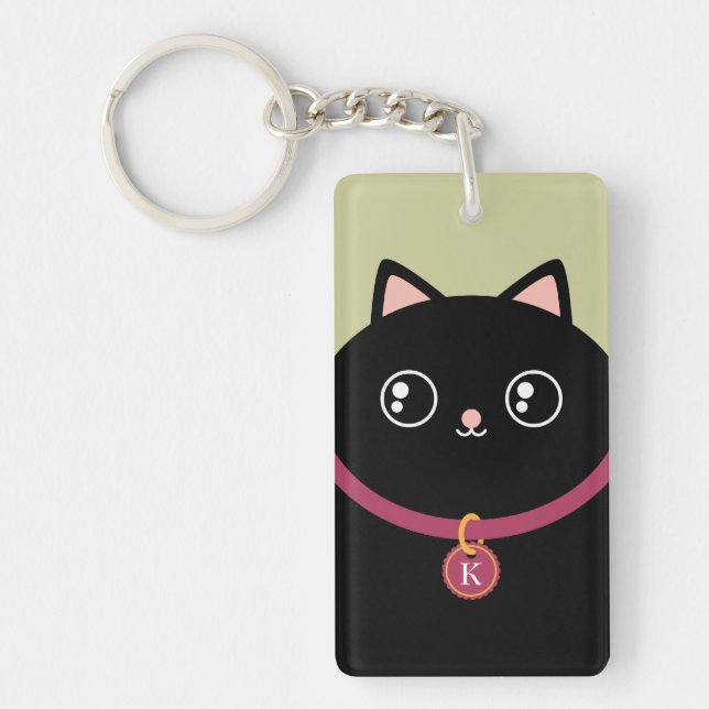Niedliches schwarzes Kitty-Gesicht Kawaii Schlüsselanhänger (Vorderseite)
