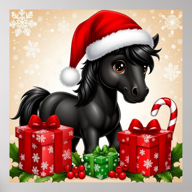 Niedliches Schwarzes Pony mit Weihnachtsmannmütze Poster (Vorne)
