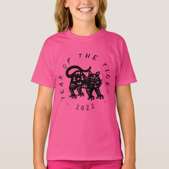 Niedliches, schwarzes Tiger-Papier-Schnitt Chinesi T-Shirt (Vorderseite)