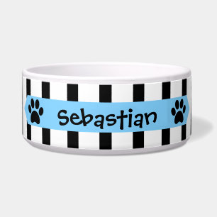 Niedliches Schwarzes u. Weiß Stripes blaue Fahne Napf
