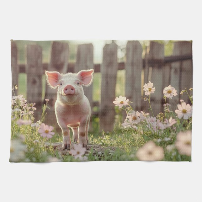 Niedliches Schwein im Blumengarten Geschirrtuch (Horizontal)