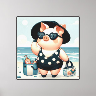 Niedliches Schwein im Punkte-Badeanzug am Strand Leinwanddruck