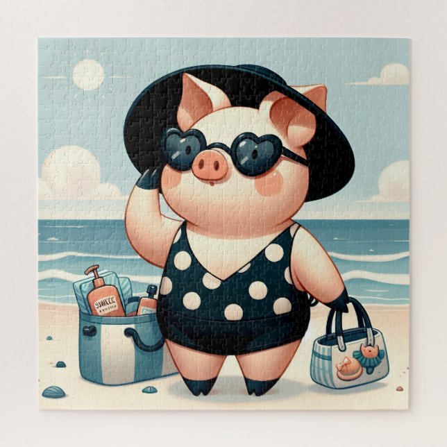 Niedliches Schwein in Polka Dot Swimsuit am Strand (Vertikal)