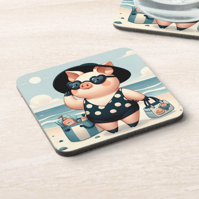 Niedliches Schwein in Polka Dot Swimsuit am Strand Getränkeuntersetzer (Linke Seite)