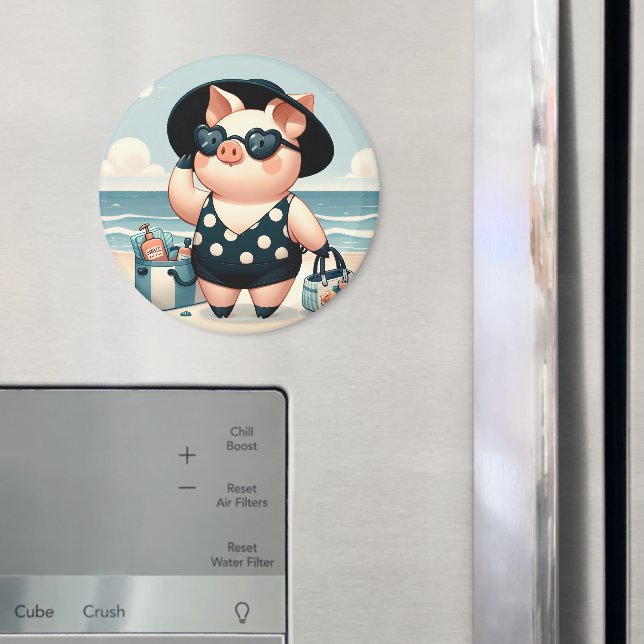 Niedliches Schwein in Polka Dot Swimsuit am Strand Magnet (In Situ (Kühlschrank))