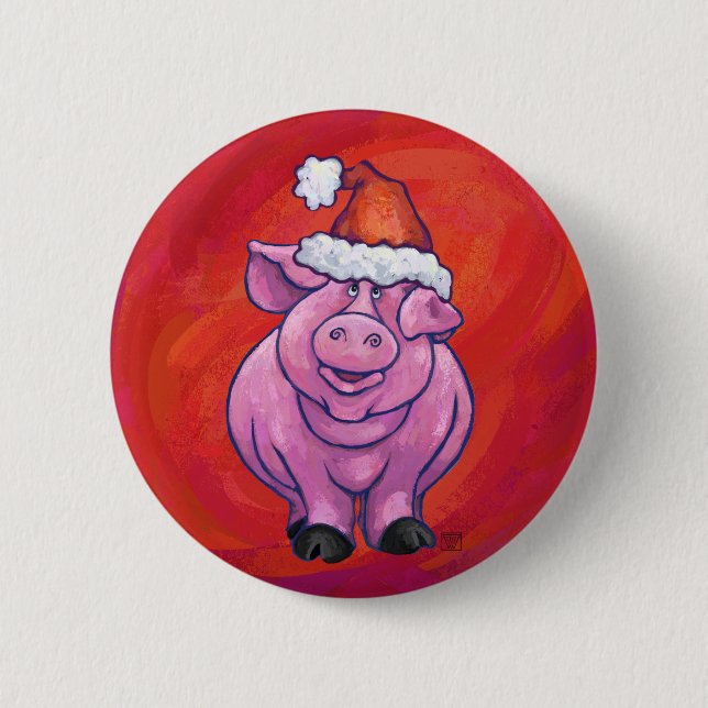 Niedliches Schwein in Weihnachtsmannmütze auf Rot Button (Vorderseite)