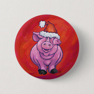 Niedliches Schwein in Weihnachtsmannmütze auf Rot Button