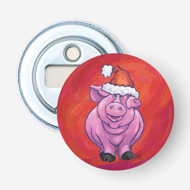 Niedliches Schwein in Weihnachtsmannmütze auf Rot Flaschenöffner (Vorderseite)