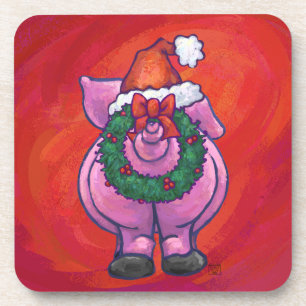 Niedliches Schwein in Weihnachtsmannmütze auf Rot Getränkeuntersetzer