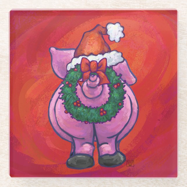 Niedliches Schwein in Weihnachtsmannmütze auf Rot Glasuntersetzer (Vorderseite)