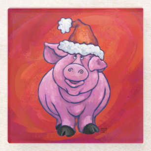 Niedliches Schwein in Weihnachtsmannmütze auf Rot Glasuntersetzer