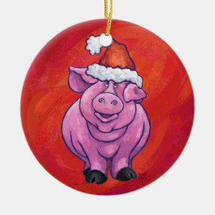 Niedliches Schwein in Weihnachtsmannmütze auf Rot Keramik Ornament