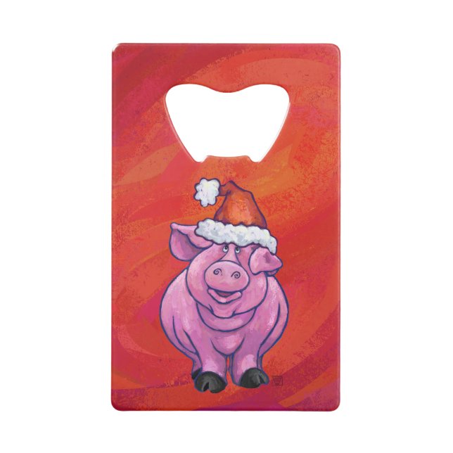 Niedliches Schwein in Weihnachtsmannmütze auf Rot Kreditkartenflaschenöffner (Vorderseite)