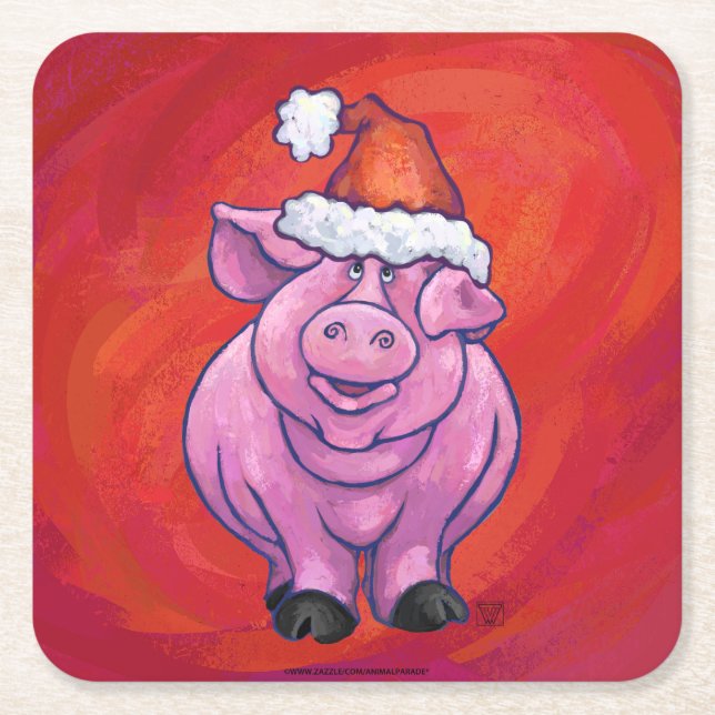 Niedliches Schwein in Weihnachtsmannmütze auf Rot Rechteckiger Pappuntersetzer (Vorderseite)