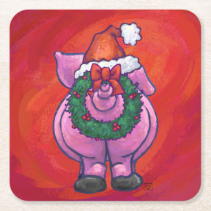 Niedliches Schwein in Weihnachtsmannmütze auf Rot Rechteckiger Pappuntersetzer