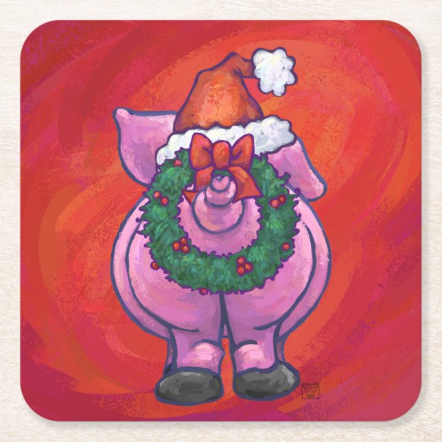 Niedliches Schwein in Weihnachtsmannmütze auf Rot Rechteckiger Pappuntersetzer (Vorderseite)