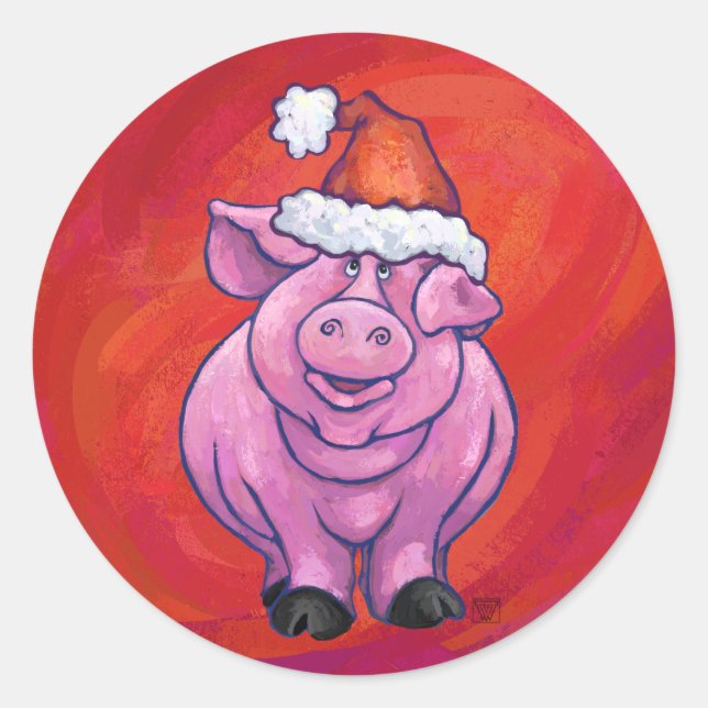 Niedliches Schwein in Weihnachtsmannmütze auf Rot Runder Aufkleber (Vorderseite)