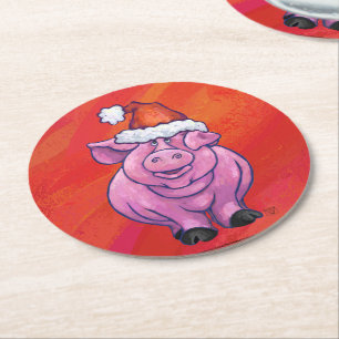 Niedliches Schwein in Weihnachtsmannmütze auf Rot Runder Pappuntersetzer