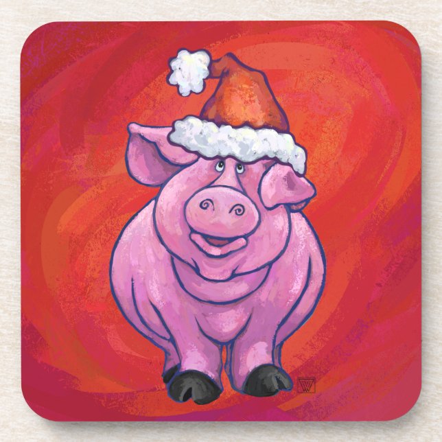 Niedliches Schwein in Weihnachtsmannmütze auf Rot Untersetzer (Vorderseite)