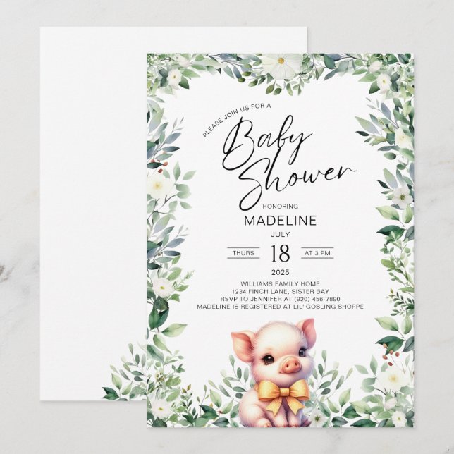 Niedliches Schwein mit Bow Baby Dusche Einladung (Vorne/Hinten)