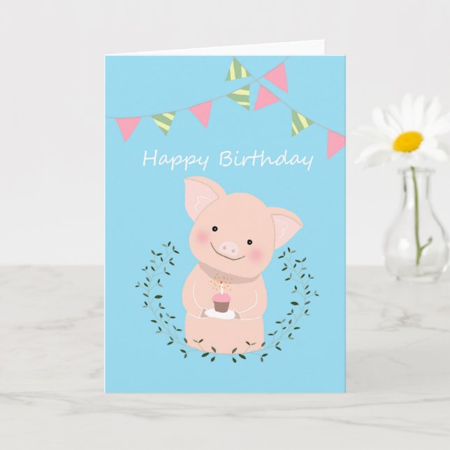 Niedliches Schwein mit Cupcake Happy Birthday Karte (Kleine Pflanze)