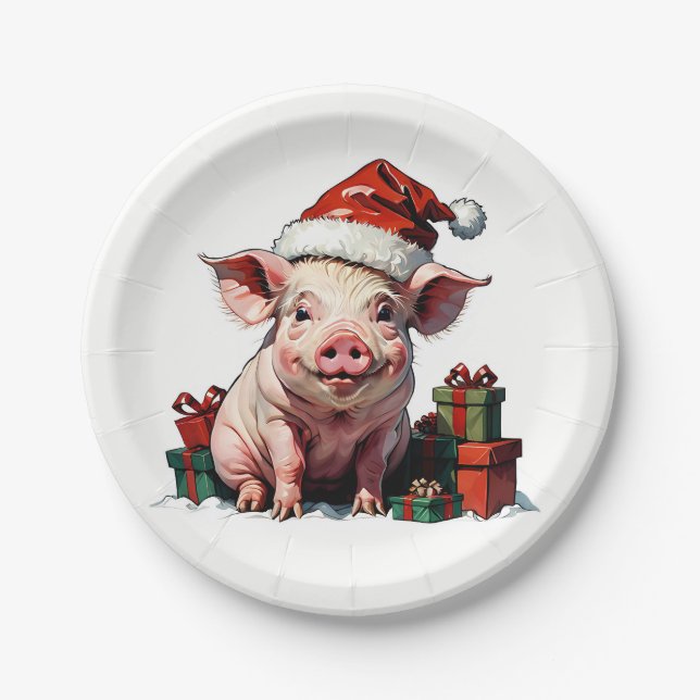 niedliches Schwein mit Geschenkboxen Pappteller (Vorderseite)
