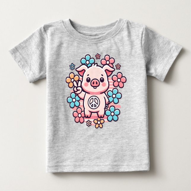 Niedliches Schwein mit Peace Sign & Themed Blume d Baby T-shirt (Vorderseite)