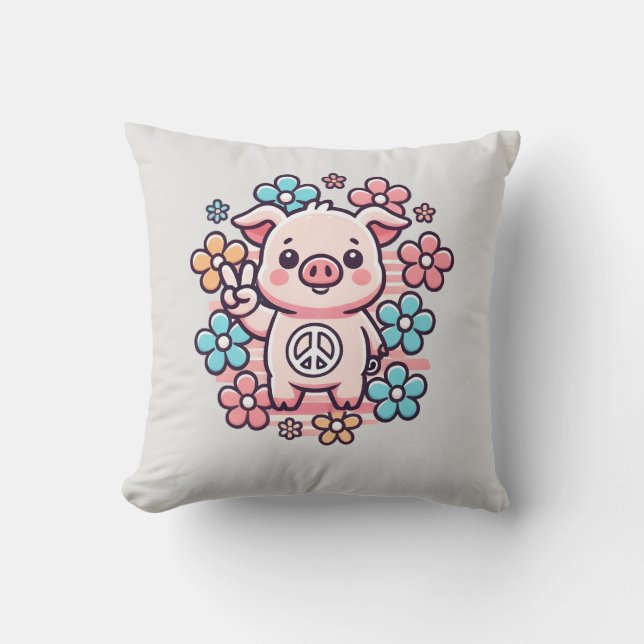 Niedliches Schwein mit Peace Sign & Themed Blume d Kissen (Vorderseite)