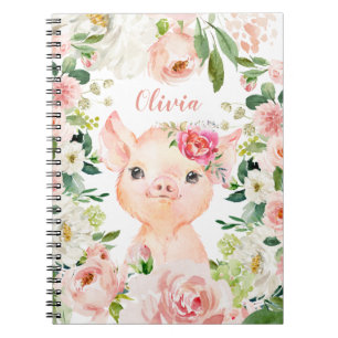 Niedliches Schwein mit Rosa-Blume Notizblock