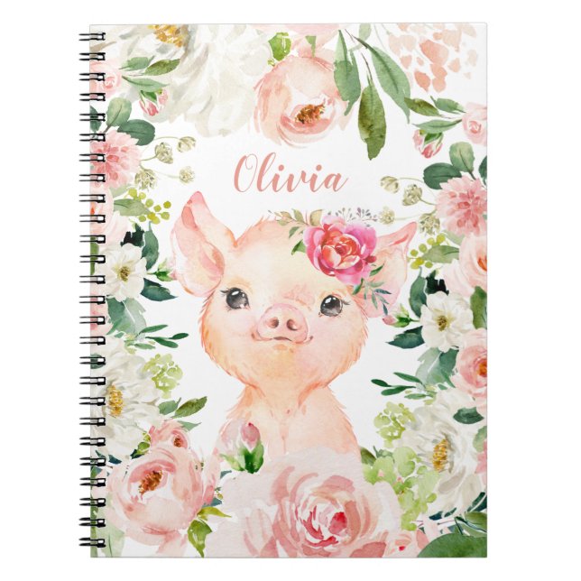 Niedliches Schwein mit Rosa-Blume Notizblock (Vorderseite)