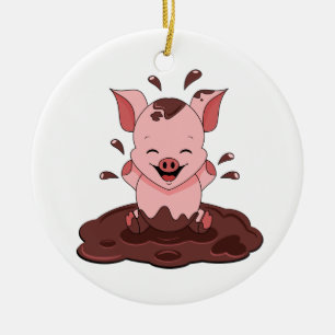 Niedliches Schwein spielt im Schlamm Keramik Ornament
