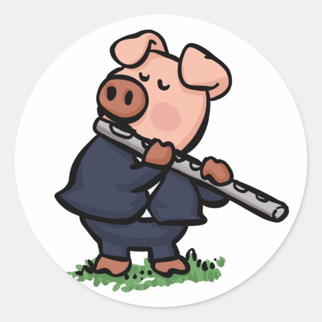 Niedliches Schweinefleisch als Flöte Cartoon | Far Runder Aufkleber (Vorderseite)