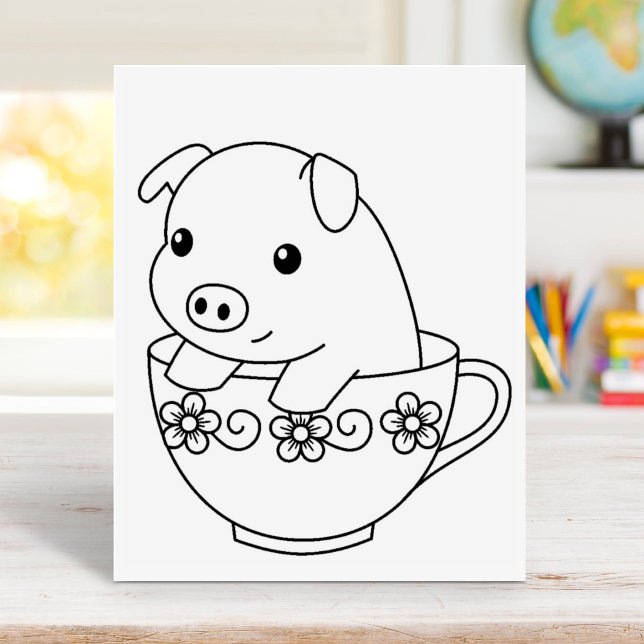 Niedliches Schweinefleisch auf Teacup-Farbseite Gummistempel (Von Creator hochgeladen)