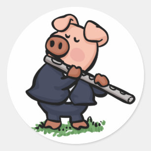 Niedliches Schweinefleisch, das Flöte-Cartoon spi Runder Aufkleber