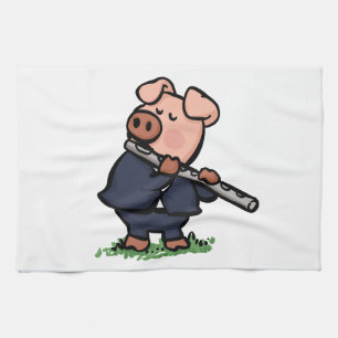 Niedliches Schweinefleisch, das Flöte-Cartoon spie Geschirrtuch